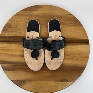 Womens Jack Rogers Jacks Black Leather Flat Thong‎ Sandals Shoes Size 7 M GUC